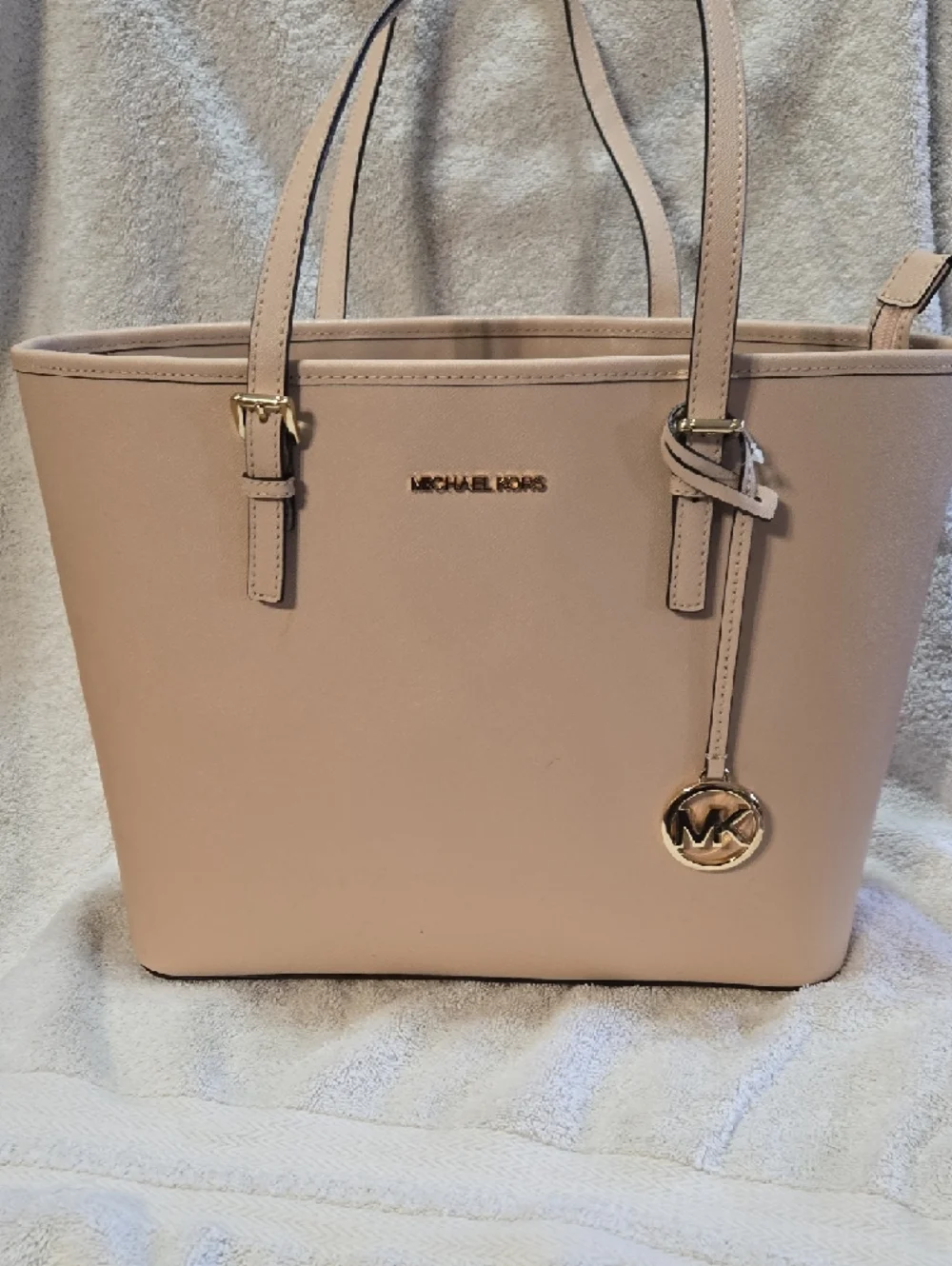 Michael Kors Nude Saffiano Leather Tote with Gold MK Charm - Picture 8 of 8